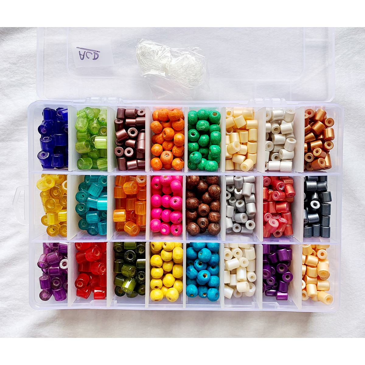 ACD, Glass Tube Beads with Bigger Hole, Coated Glass Beads, DIY and Jewelry Kit, 24 compartment box.