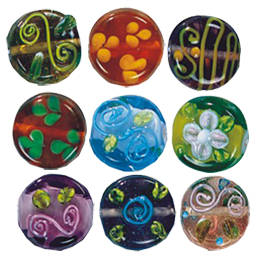 Stringer and Dotted Color lined fancy decorated flat Round Glass Beads
