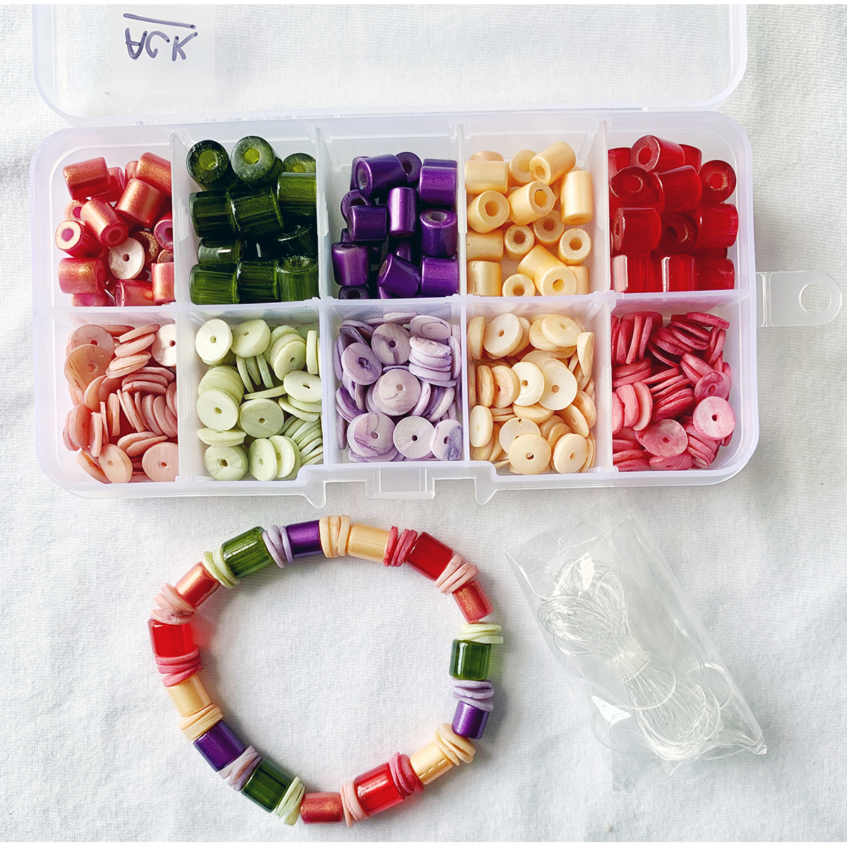 ACJ, Glass Tube Beads with Bigger Hole, Coated Glass Beads and MOP Heishi, DIY and Jewelry Kit, 10 compartment box.